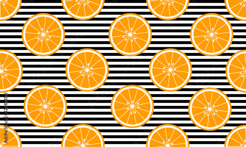 Vector seamless background with stripes and oranges slices. Vector fruit design for pattern or template.