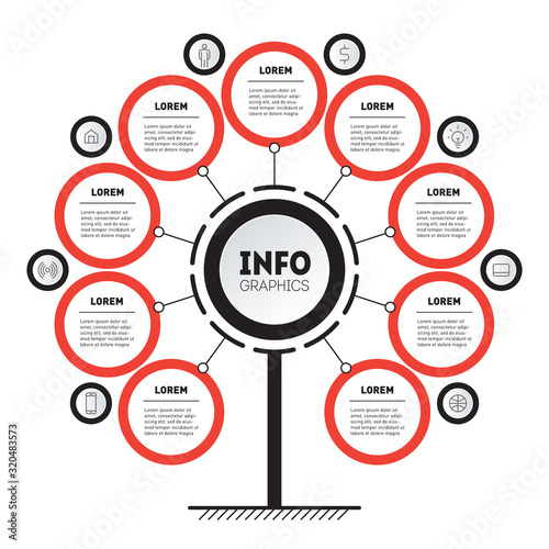 Business presentation concept with 9 options and 8 icons. Mindmap. Template of tree or diagram. Technological or education process with nine steps and eight icons. Infographics.