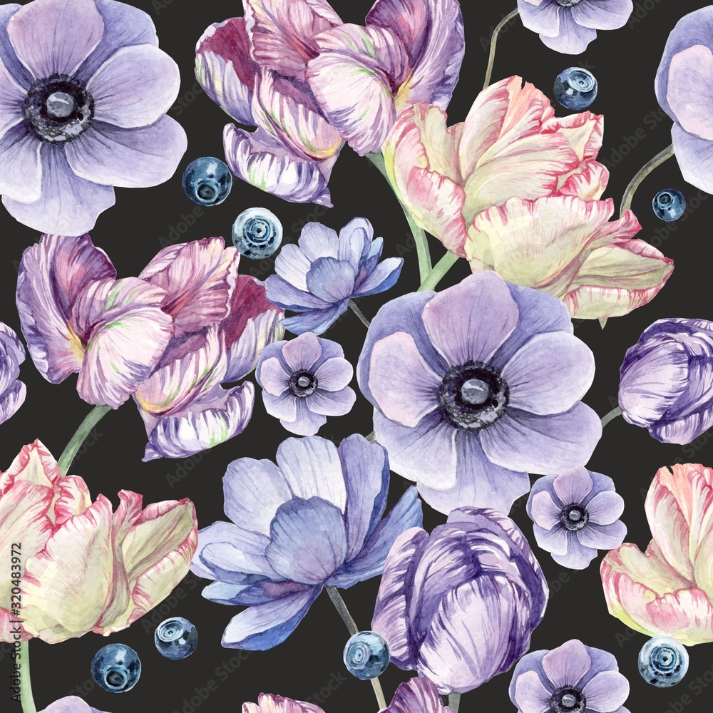watercolor background black pattern with tulip, bud, anemone, blueberries