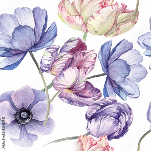 watercolor background pattern with tulip, bud, anemone