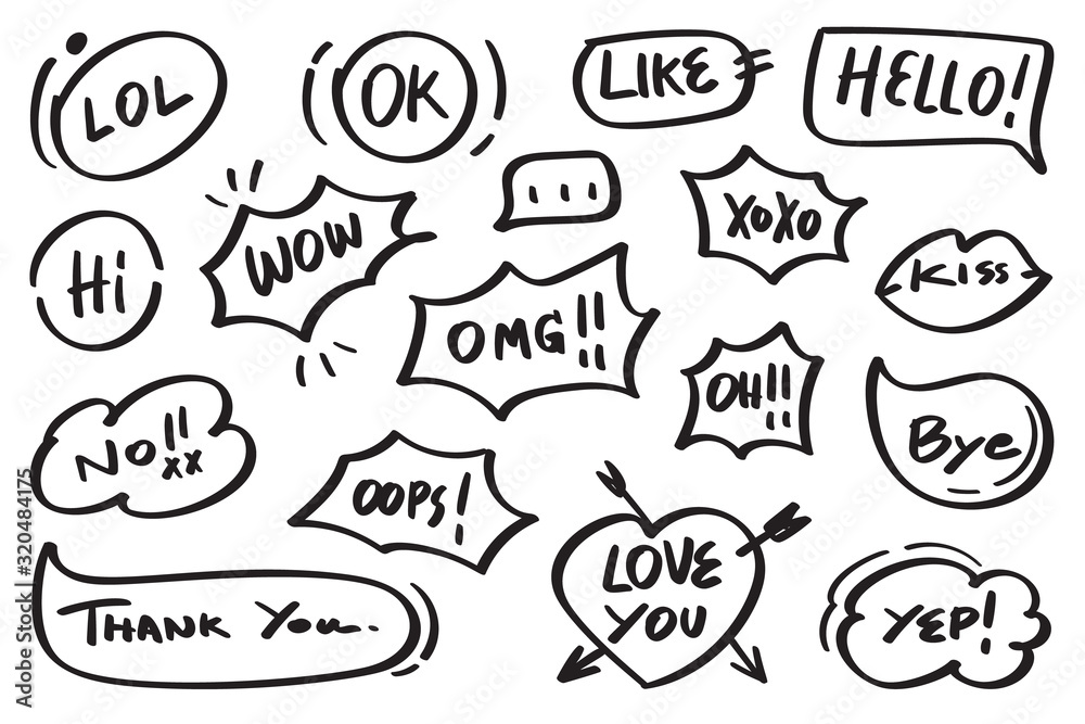 Hand drawn set of speech bubbles with dialog words:like, hello, kiss, love you, hi, Vector illustration.