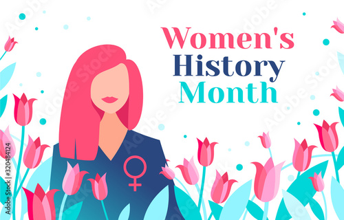 Women's History Month is celebrated in March. Beautiful women with female symbol and tulips. Women are granted rights. Women's History Month is celebrated in the US, UK, Australia and Canada.