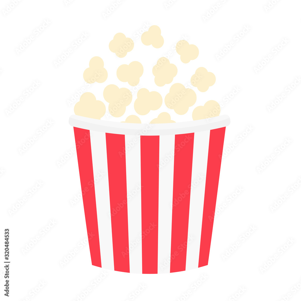 Popcorn icon. Cinema movie night. Big size red strip box. Pop corn food. Flat design style. White background. Isolated.