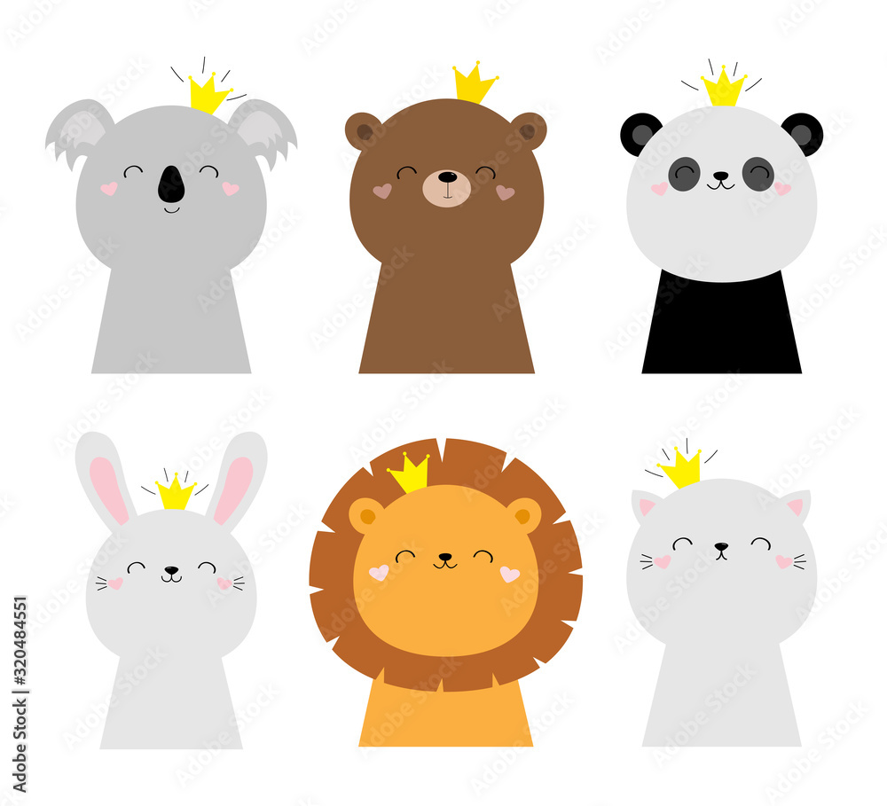 Bunny rabbit hare lion koala bear cat face head icon set. Kids print ...