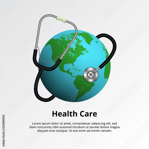 World health day. Healthcare medical illustration concept. Stethoscope with earth globe