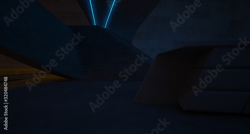 Abstract architectural concrete interior of a minimalist house with colored neon lighting. 3D illustration and rendering.