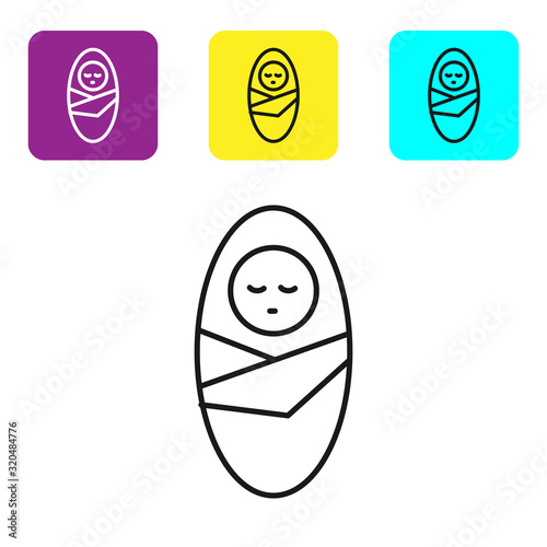 Black line Newborn baby infant swaddled or swaddling icon isolated on white background. Baby kid child wrapped in blanket clothes. Set icons colorful square buttons. Vector Illustration