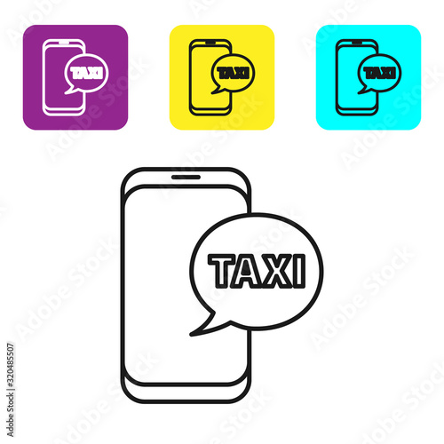 Black line Taxi call telephone service icon isolated on white background. Taxi for smartphone. Set icons colorful square buttons. Vector Illustration