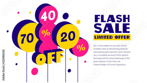 Vector geometric template with word flash sale and isometric air balloon with discount percentage on white background.