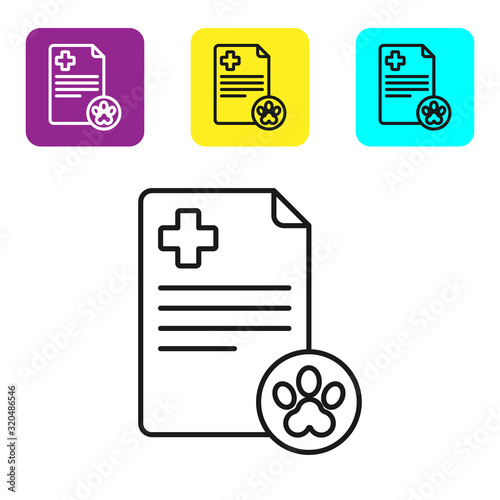 Black line Clipboard with medical clinical record pet icon isolated on white background. Health insurance form. Medical check marks report. Set icons colorful square buttons. Vector Illustration