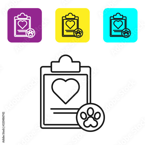 Black line Clipboard with medical clinical record pet icon isolated on white background. Health insurance form. Medical check marks report. Set icons colorful square buttons. Vector Illustration