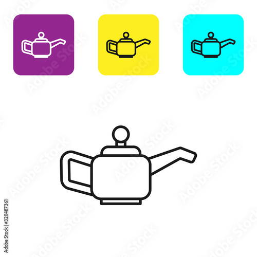 Black line Canister for motor machine oil icon isolated on white background. Oil gallon. Oil change service and repair. Set icons colorful square buttons. Vector Illustration