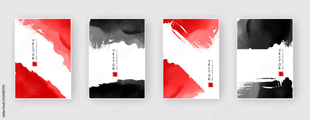 Black red ink brush stroke on white background. Japanese style. - obrazy, fototapety, plakaty 