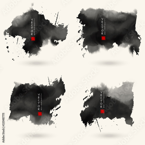 Vector black gray color brush strokes set. Watercolor monochrome Grunge isolated elements.
