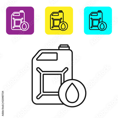 Black line Plastic canister for motor machine oil icon isolated on white background. Oil gallon. Oil change service and repair. Set icons colorful square buttons. Vector Illustration