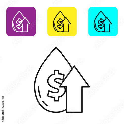 Black line Oil price increase icon isolated on white background. Oil industry crisis concept. Set icons colorful square buttons. Vector Illustration