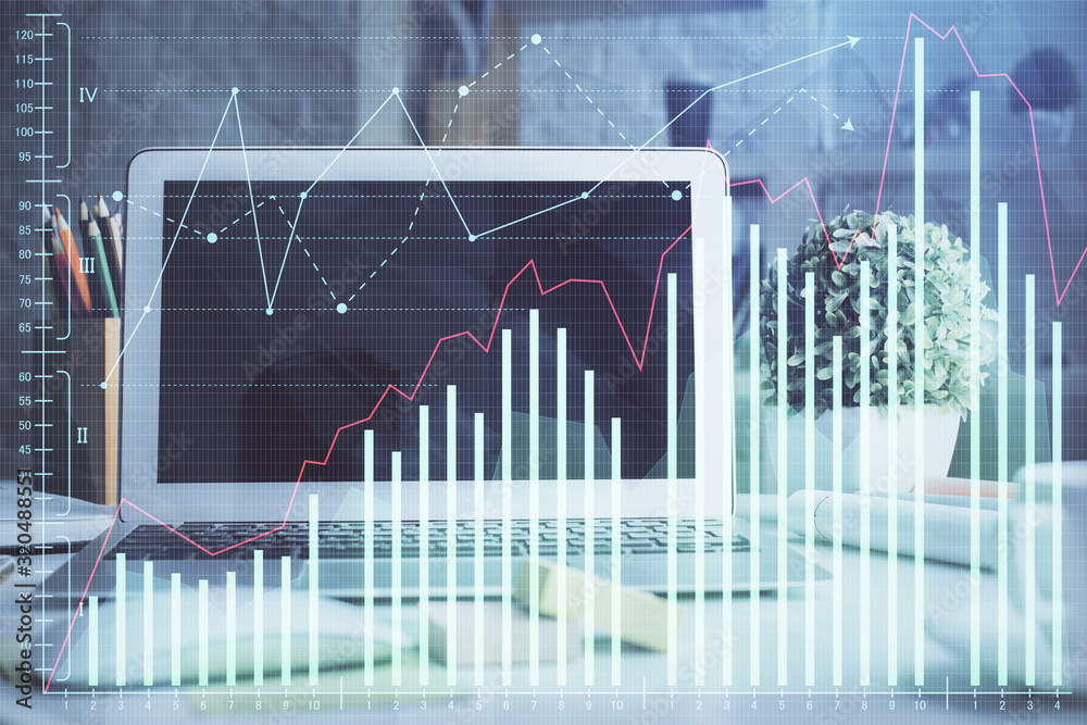 Multi exposure of forex chart and work space with computer. Concept of international online trading. Multi exposure of forex chart and work space with computer. Concept of international online trading.