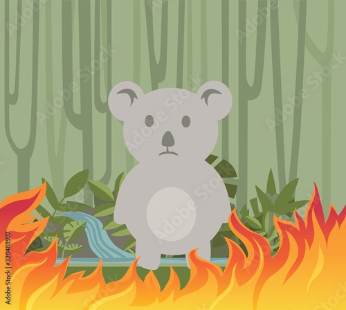 Ecological disaster. Sad koala amidst bushfire. Save koala, forest, animals, stop fire. Colorful flat vector illustration. Isolated on white background.