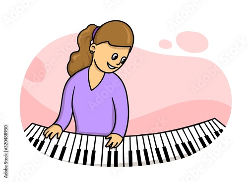 Woman in purple dress playing the piano.Music teacher practising. Colorful flat vector illustration. Isolated on white background.