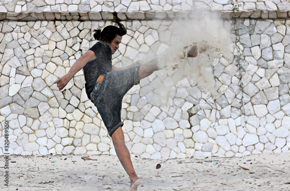 Asian Thai middle aged man black long hair style jumping kick sand on beach and stone wall background. ILLUSTRATION brush stroke oil painting watercolor drawing.Motion Action Portrait adult male human Asian Thai middle aged man black long hair style jumping kick sand on beach and stone wall background. ILLUSTRATION brush stroke oil painting watercolor drawing.Motion Action Portrait adult male human