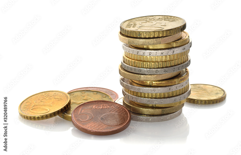Euro cents in stack closed up isolated on white without clippling path Euro cents in stack closed up isolated on white without clippling path