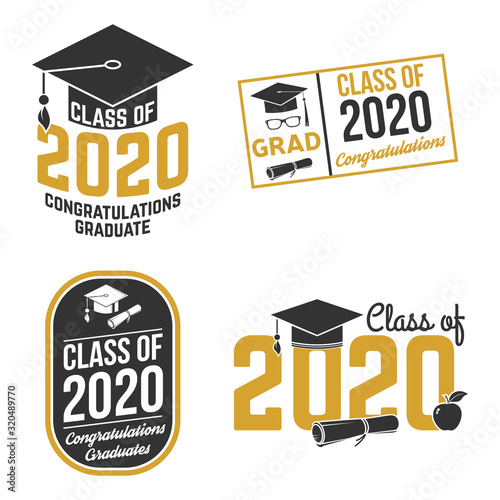 Set of Vector Class of 2020 badges. Concept for shirt, print, seal, overlay, stamp, greeting, invitation card. Typography design- stock vector.