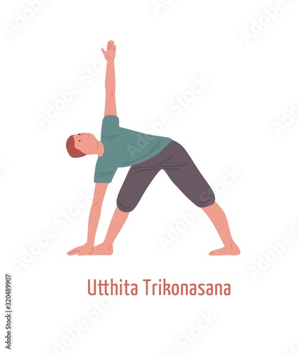Male in sportswear demonstrating utthita trikonasana pose vector flat illustr...
