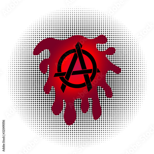 Black Anarchy Sign with Dripping Blood Splashes in Radial Halftone Background, Trail Blood Paint Splatters, Drop Liquid, EPS 10 Vector File