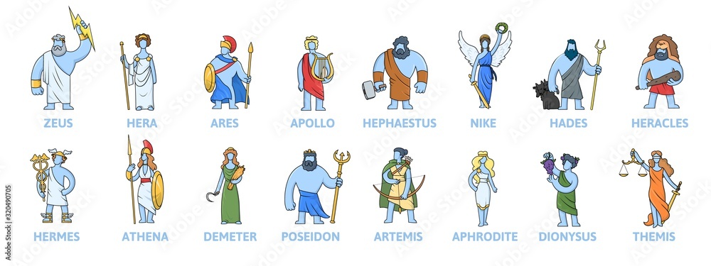 Pantheon of ancient Greek gods, Ancient Greece mythology. Set of cartoon  characters with names. Flat vector illustration, isolated on white  background. Stock-Vektorgrafik | Adobe Stock