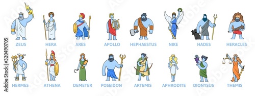 Pantheon of ancient Greek gods, Ancient Greece mythology. Set of cartoon characters with names. Flat vector illustration, isolated on white background.