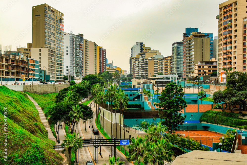Fototapeta premium Lima, Peru - May 2012: Miraflores is a district of the Lima Province in Peru. It is an exclusive residential and upscale shopping district south of downtown Lima.
