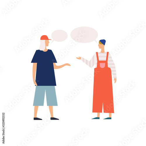Dialogue of two young modern cartoon people with speech bubbles vector flat illustration