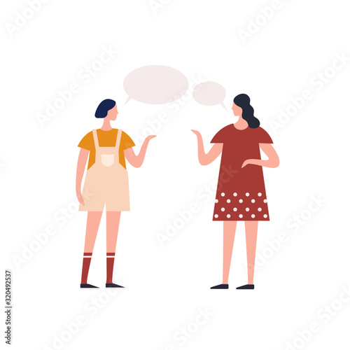 Young teen girl talking to female friend with speech bubbles vector flat illustration