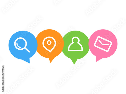 Contact us symbols set with email,location,searching,massage icons on colorful bubble text