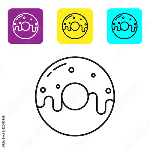 Black line Donut with sweet glaze icon isolated on white background. Set icons colorful square buttons. Vector Illustration