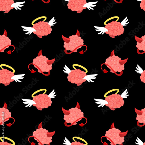 Vector creative seamless pattern with character pink human brain. Good angel with a halo and wings and angry with devil red horns and tail on black background.