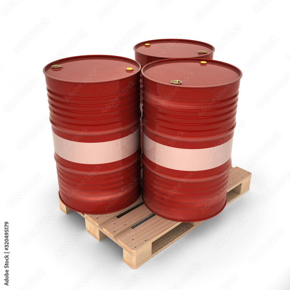 Red barrels on a pallet (3d illustration) Red barrels on a pallet (3d illustration)