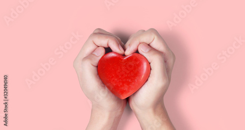 Hands holding red heart  heart health  and donation concepts