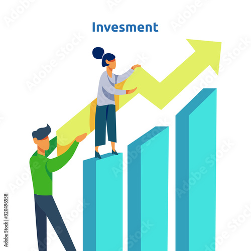 Finance performance of return on investment ROI. income salary rate increase concept illustration with people character and arrow. business profit growth, sale grow margin revenue with dollar symbol