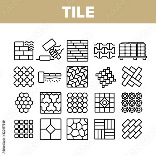 Tile Floor Material Collection Icons Set Vector. Brick On Pallet And Hammer, Different Form And Style Flooring Tile, Parquet And Wall Concept Linear Pictograms. Monochrome Contour Illustrations