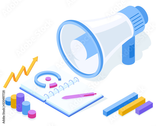 Modern marketing with loudspeaker with diagrams vector isometric 3d illustration.