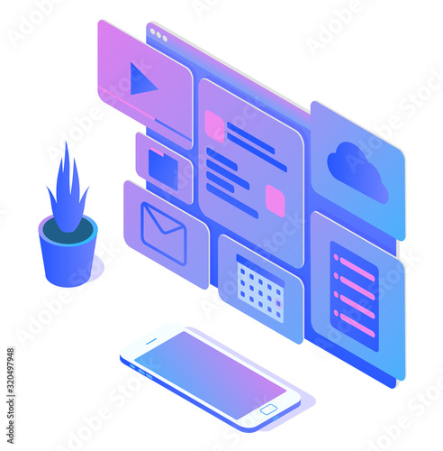 Stylish gradient isometric vector Web Design and UI UX design with smartphone illustration.
