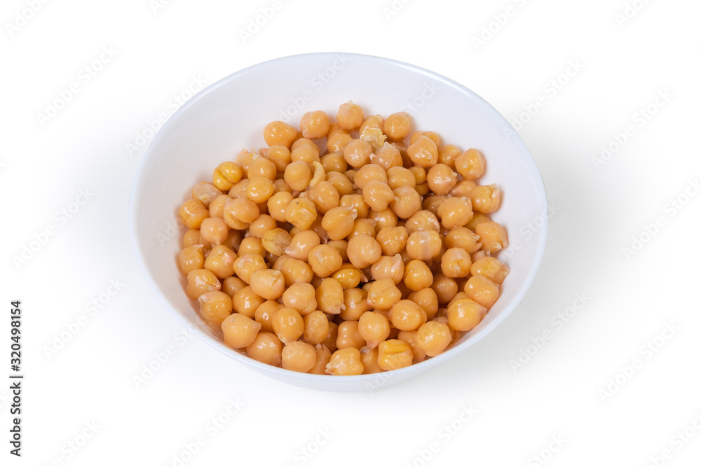 Boiled chickpeas in the white bowl on a white background Boiled chickpeas in the white bowl on a white background