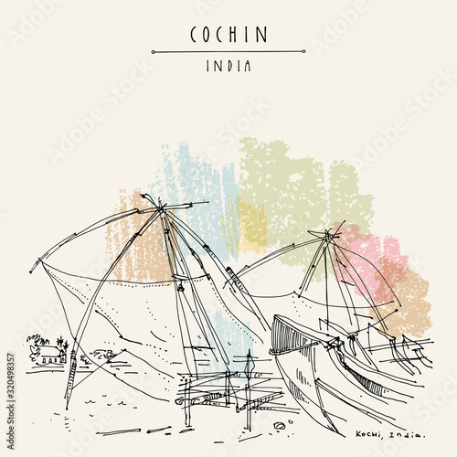 Cochin (Kochi), Kerala, South India. Chinese fishing nets and wooden boats. Historical landmark. Seafront hand drawing. Asian travel sketch. Vintage hand drawn postcard, poster. Vector illustartion