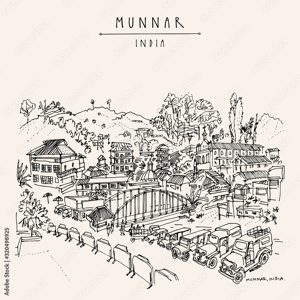 Munnar, Kerala, South India. Panoramic view of the town center. Houses, cars, church and bridge. Artistic hand drawing. Asian travel sketch. Vintage hand drawn postcard
