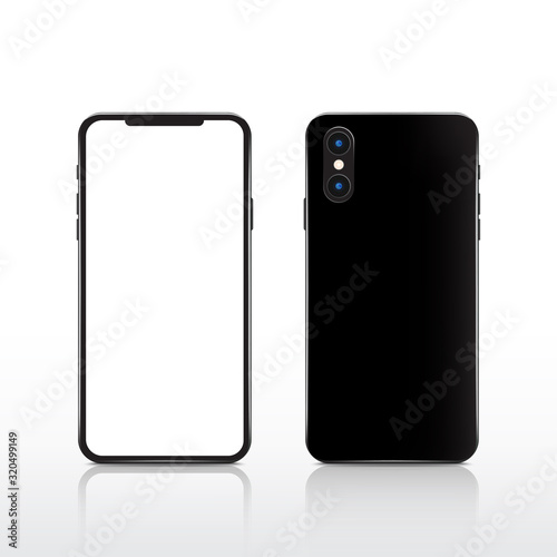 Modern realistic black touchscreen cellphone tablet smartphone on white background. Phone front and back side isolated. Vector illustration.