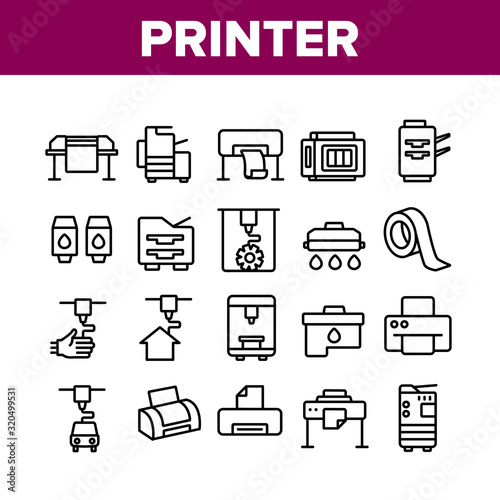 Printer Equipment Collection Icons Set Vector. Electronic 3d Printer And Device For Printing Build House, Ink Drop And Cartridge Concept Linear Pictograms. Monochrome Contour Illustrations
