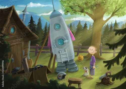 Junge vor einer selbstgebauten Rakete im Wald.