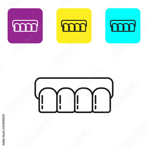 Black line Dentures model icon isolated on white background. Teeth of the upper jaw. Dental concept. Set icons colorful square buttons. Vector Illustration