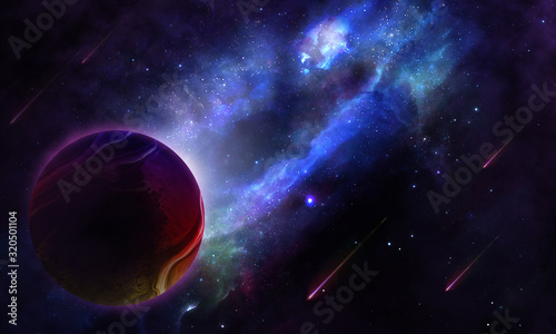 abstract space illustration, bright colored planet, shooting stars and blue lights
